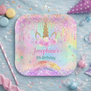 Rainbow Unicorn pink aqua birthday square Paper Plates