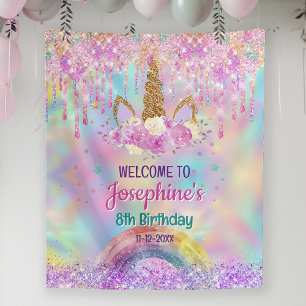 Rainbow Unicorn pink aqua birthday welcome sign Tapestry