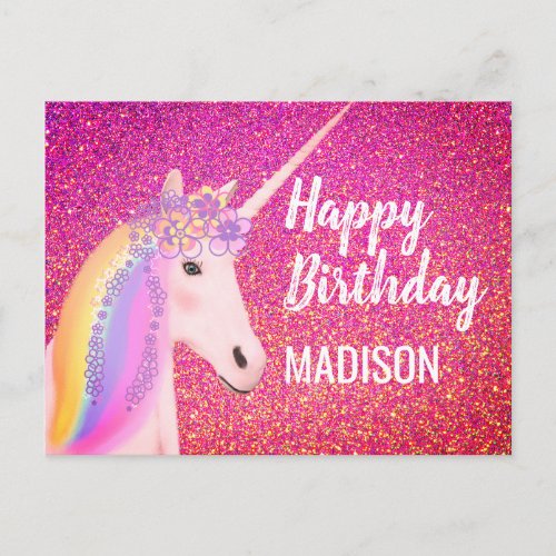 Rainbow Unicorn Pink Faux Glitter Birthday Postcard