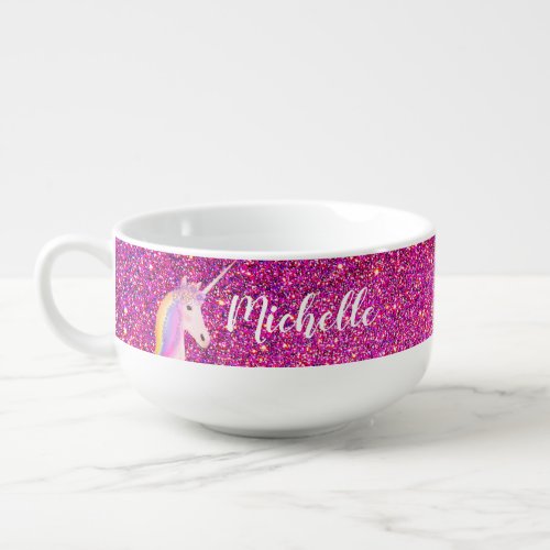 Rainbow Unicorn Pink Faux Glitter Personalized  Soup Mug