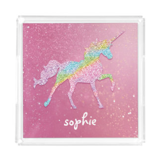 Rainbow Unicorn Pink Glitter Acrylic Tray