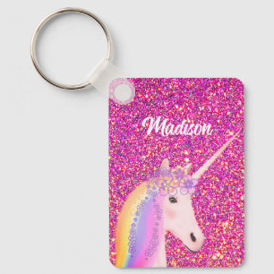 Rainbow Unicorn Pink Glitter Fantasy Personalized Keychain