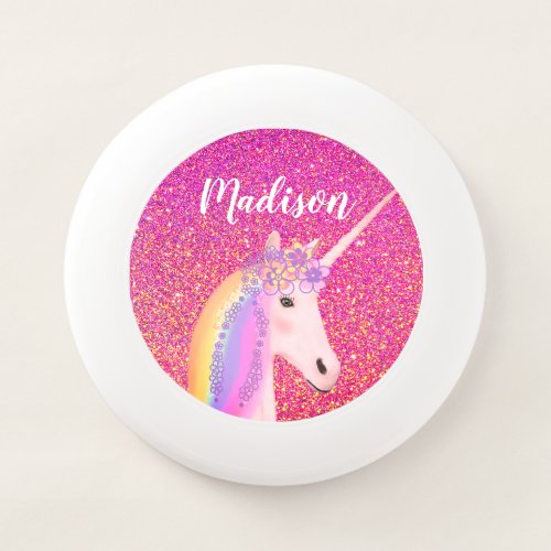 Rainbow Unicorn Pink Glitter Fantasy Personalized Wham_O Frisbee