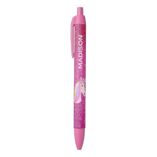 Rainbow Unicorn Pink Glitter Girls Personalized Black Ink Pen