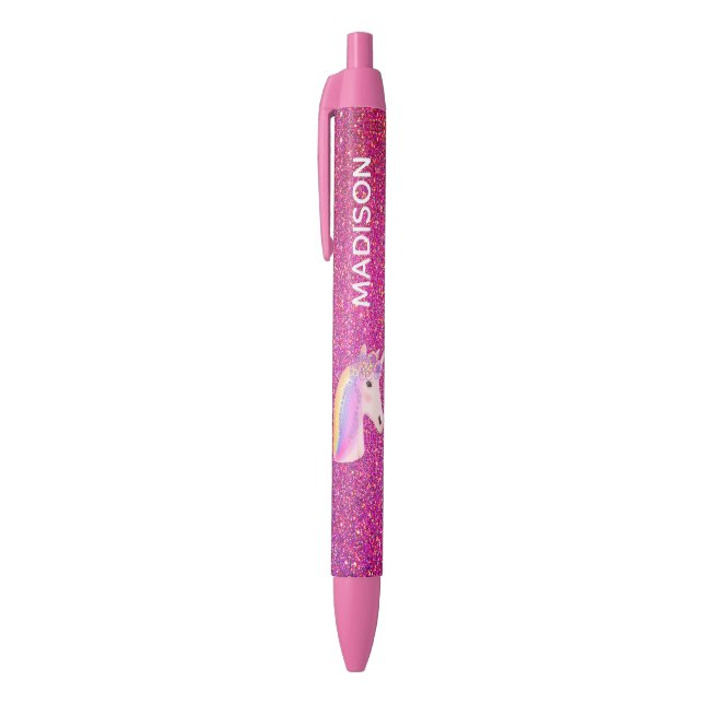 Rainbow Unicorn Pink Glitter Girls Personalized Pen (Top (Vertical))