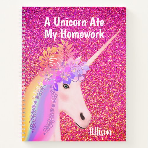 Rainbow Unicorn Pink Glitter Glam Personalized Notebook