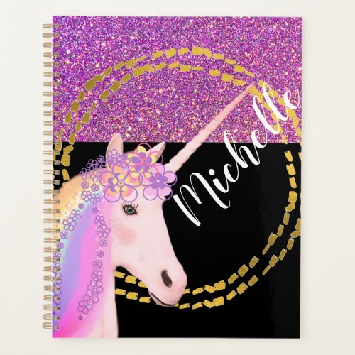 Rainbow Unicorn Pink Glitter Gold Black Name Planner