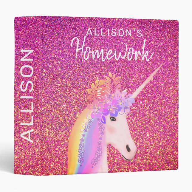 Rainbow Unicorn Pink Glitter Homework Personalized 3 Ring Binder (Front/Spine)