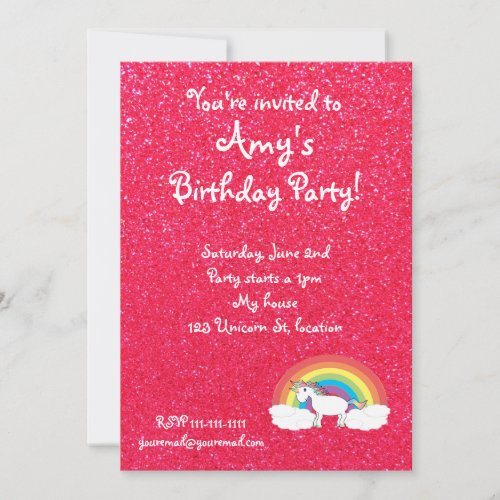 Rainbow unicorn pink glitter invitation