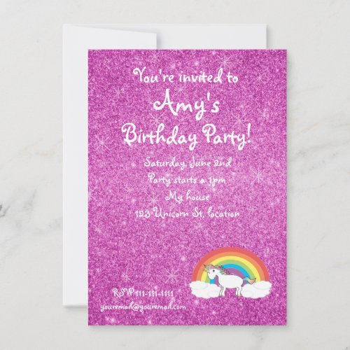 Rainbow unicorn pink glitter invitation