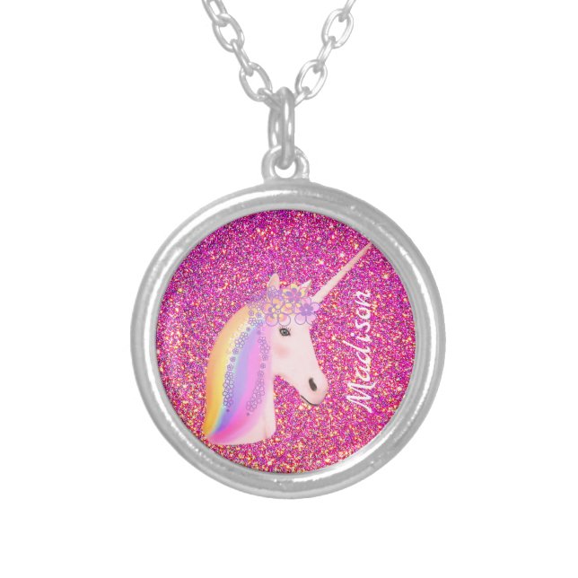 Rainbow Unicorn Pink Glitter Magical Fantasy Girls Silver Plated Necklace (Front)