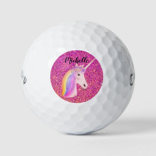 Rainbow Uniorn Pink Glitter Magical Personalized Golf Balls