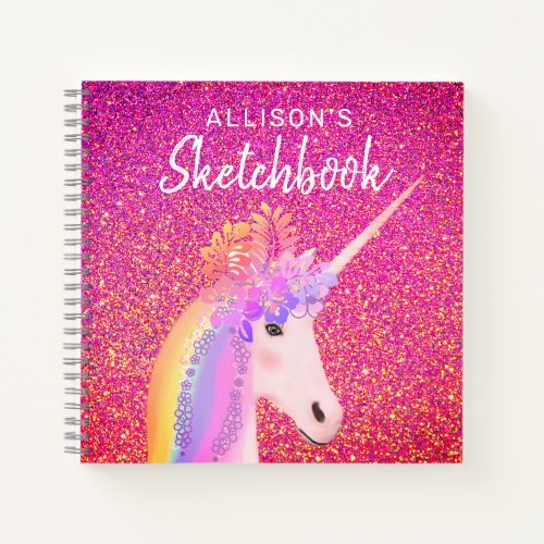 Rainbow Unicorn Pink Glitter Sketchbook With Name Notebook