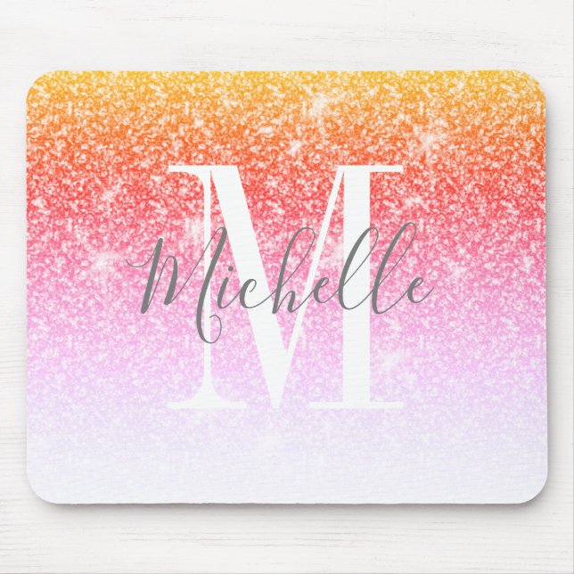 Rainbow Unicorn Pink Glitter Sparkle Monogram Name Mouse Pad (Front)