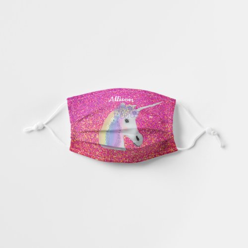 Rainbow Unicorn Pink Glitter Sparkle Personalized Kids Cloth Face Mask