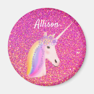Rainbow Uniçorn Pink Glitter Sparkle Personalized Magnet