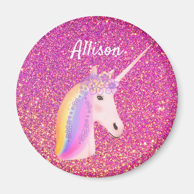 Rainbow Uniçorn Pink Glitter Sparkle Personalized Magnet (Front)