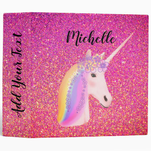 Rainbow Unicorn Pink Glitter Sparkles Customized 3 Ring Binder