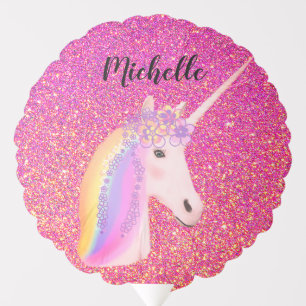 Rainbow Unicorn Pink Glitter Sparkles Personalized Balloon