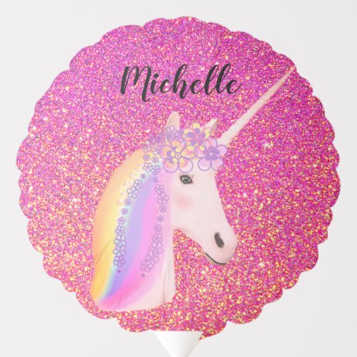 Rainbow Unicorn Pink Glitter Sparkles Personalized Balloon
