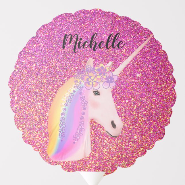 Rainbow Unicorn Pink Glitter Sparkles Personalized Balloon (Front)