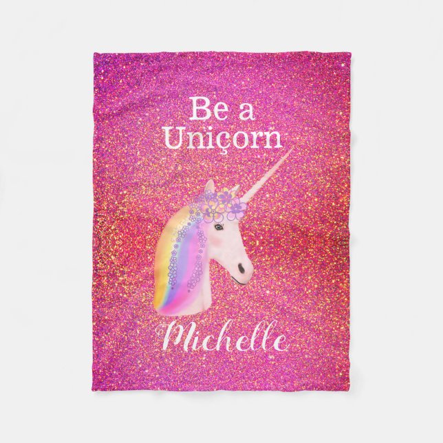 Rainbow Unicorn Pink Glitter Sparkles Personalized Fleece Blanket (Front)