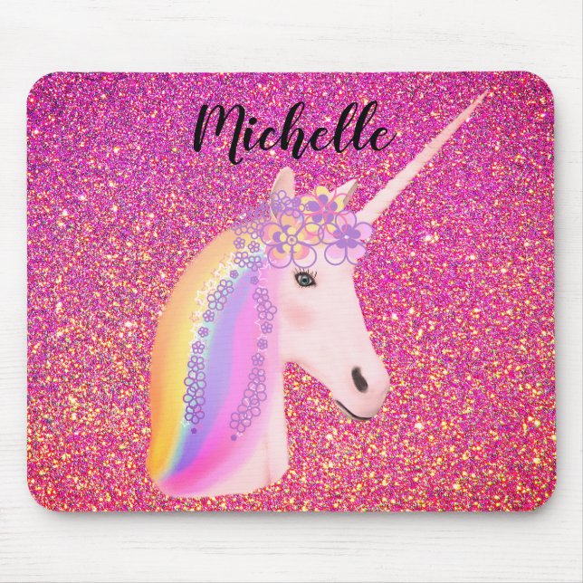Rainbow Unicorn Pink Glitter Sparkles Personalized Mouse Pad (Front)