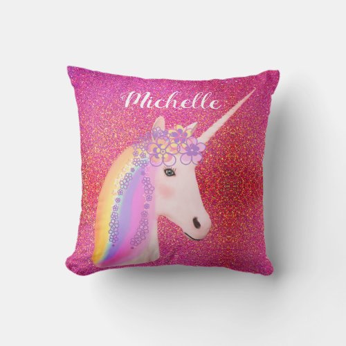 Rainbow Unicorn Pink Glitter Sparkles Personalized Throw Pillow