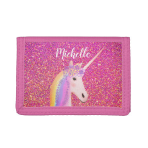 Rainbow Unicorn Pink Glitter Sparkles Personalized Tri-fold Wallet