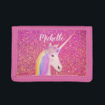 Rainbow Unicorn Pink Glitter Sparkles Personalized Trifold Wallet<br><div class="desc">Rainbow Unicorn Pink Glitter Sparkles Personalized Trifold Wallet is a fun way for kids to keep their money together. This makes a cute birthday gift idea for a unicorn lover. It is designed with a pink rose gold faux glitter background. A pretty white unicorn face is on the center and...</div>