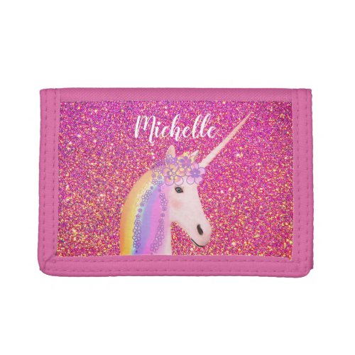 Rainbow Unicorn Pink Glitter Sparkles Personalized Trifold Wallet