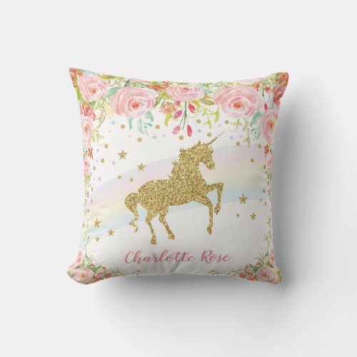 Rainbow Unicorn Pink Gold Baby Girl Nursery Decor Throw Pillow