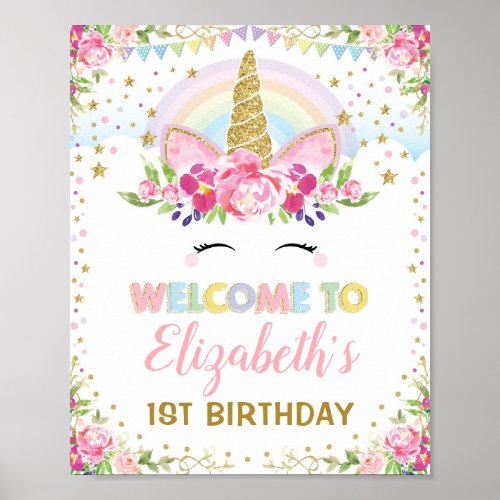 Rainbow Unicorn Pink Gold Floral Birthday Welcome Poster