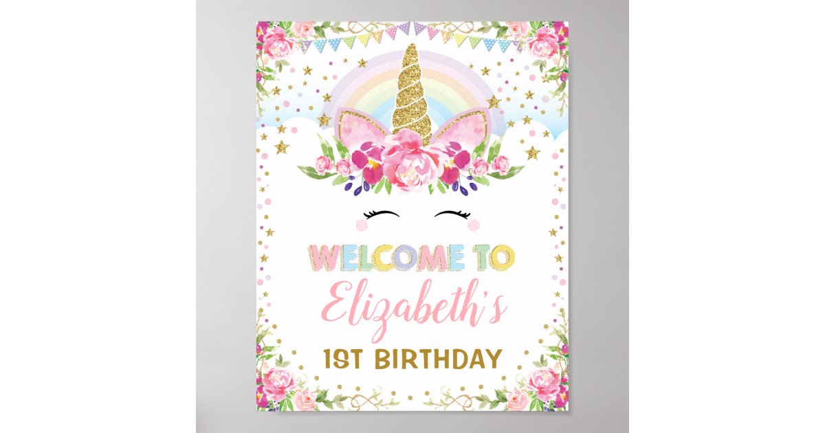 rainbow unicorn pink gold floral birthday welcome poster zazzle