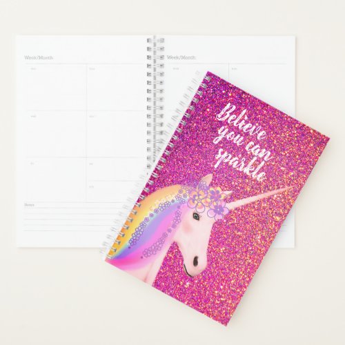 Rainbow Unicorn Pink Gold Glitter Inspirational Planner