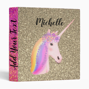 Rainbow Unicorn Pink Gold Glitter Sparkles Name 3 Ring Binder