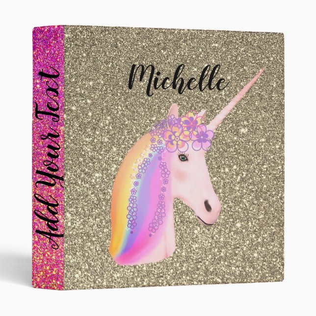 Rainbow Unicorn Pink Gold Glitter Sparkles Name 3 Ring Binder (Front/Spine)
