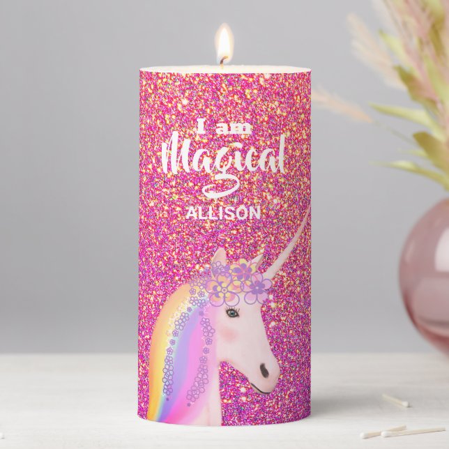 Rainbow Unicorn Pink Ombre Glitter Personalized Pillar Candle (In Situ)