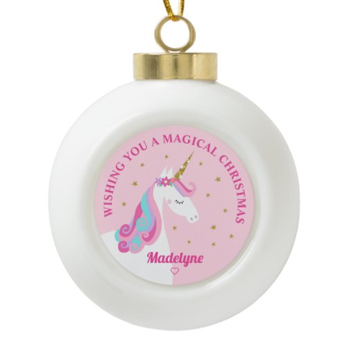 Rainbow Unicorn Pink Personalized Christmas Ceramic Ball Christmas Ornament