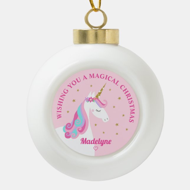 Rainbow Unicorn Pink Personalized Christmas Ceramic Ball Christmas Ornament (Front)