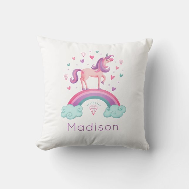 Rainbow Unicorn Pink Purple Girly Throw Pillow (Front)