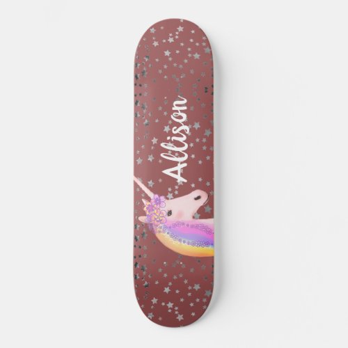 Rainbow Unicorn Pink Rose Girls Personalized Skateboard