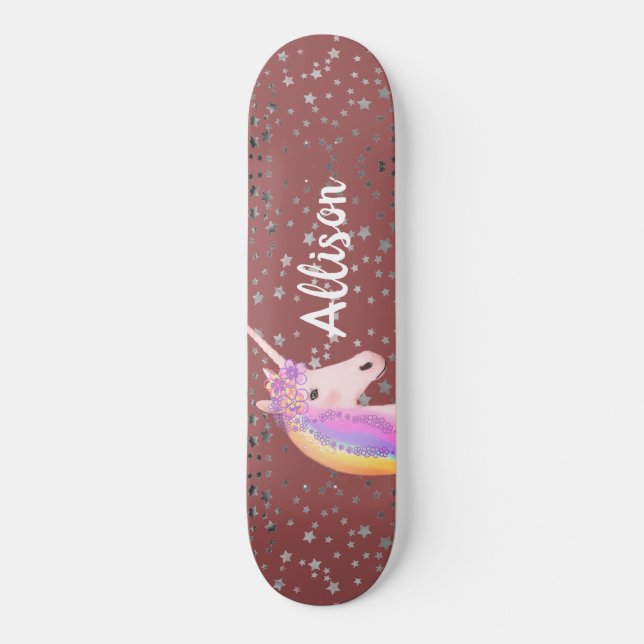 Rainbow Unicorn Pink Rose Girls Personalized Skateboard (Front)