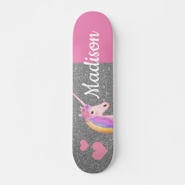 Rainbow Unicorn Pink Silver Glitter Personalized Skateboard (Front)