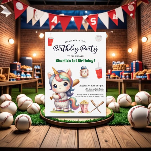 Rainbow Unicorn playing Baseball 1st Birthday Invitation (Creator Uploaded)