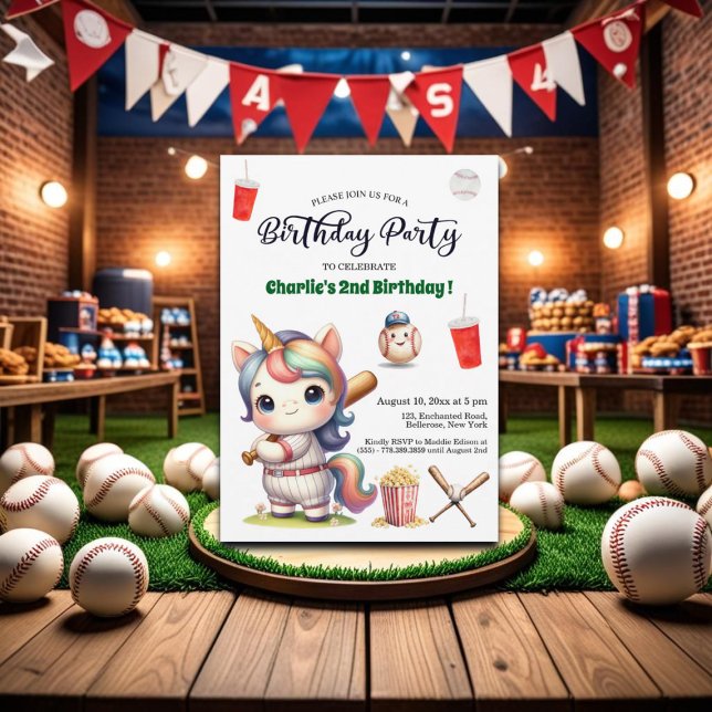 Rainbow Unicorn playing Baseball 2nd Birthday Invitation (Creator Uploaded)