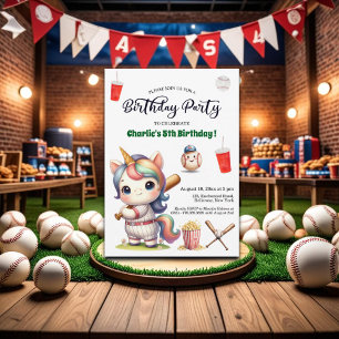 Rainbow Unicorn playing Baseball 5th Birthday Invitation