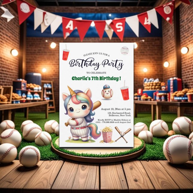 Rainbow Unicorn playing Baseball 7th Birthday Invitation (Creator Uploaded)