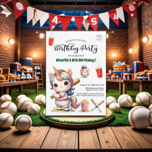 Rainbow Unicorn playing Baseball 8th Birthday Invitation