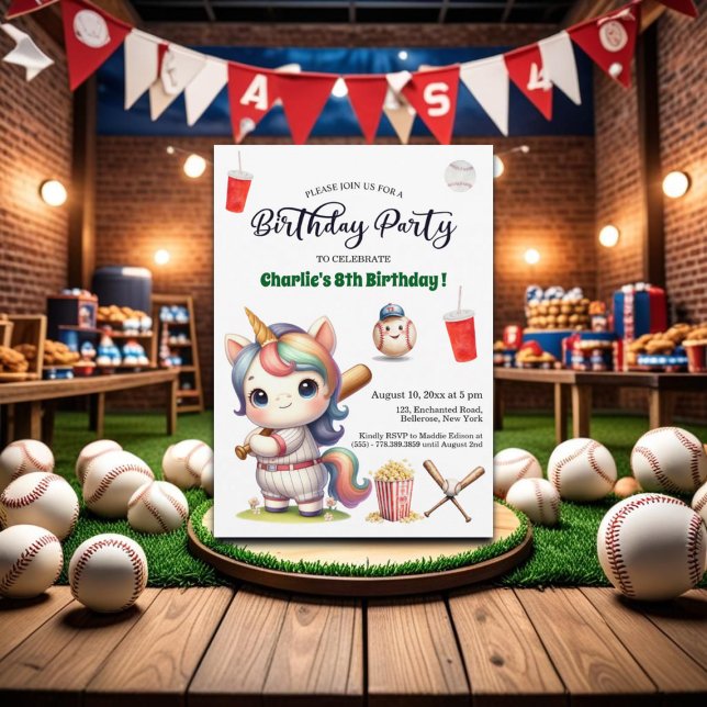 Rainbow Unicorn playing Baseball 8th Birthday Invitation (Creator Uploaded)